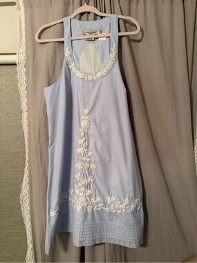Gretchen Scott Designs Light Blue and White Striped Embroidered Dress large